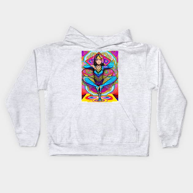 Psychedelic Artwork with Yoga Girl Pose Kids Hoodie by EddieBalevo